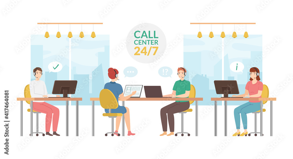 Cartoon Color Characters People and Call Center Team Concept. Vector Cartoon Color Characters People and Call Center Team Concept. Vector
