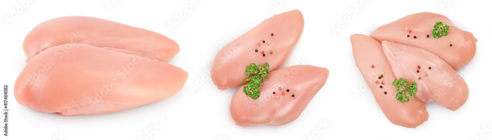 Fresh chicken fillet isolated on white background with full depth of field. Set or collection Fresh chicken fillet isolated on white background with full depth of field. Set or collection