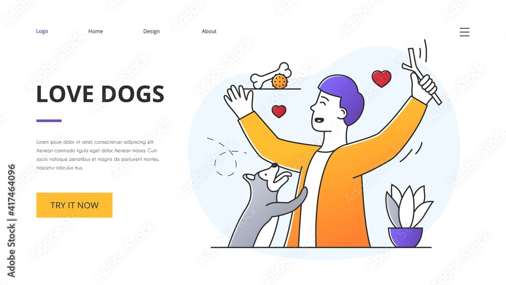 Fototapeta premium Website template design for Love Dogs with man and pet puppy jumping up playing fetch with a stick, colored vector illustration. Website, web page, landing page template