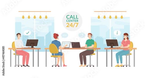 Cartoon Color Characters People and Call Center Team Concept. Vector