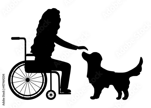 Disabled woman in wheelchair with golden retriever assistant. Silhouette service pet and patient isolated on background. Vector illustration dog therapy for banner, company, medical service, hospital.