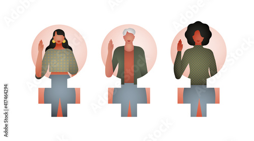 Diverse women set holding hand raised up