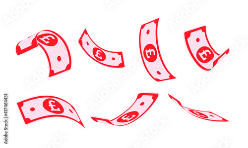 British pound falling set, animation ready. GBP paper notes flying in the air. United Kingdom money