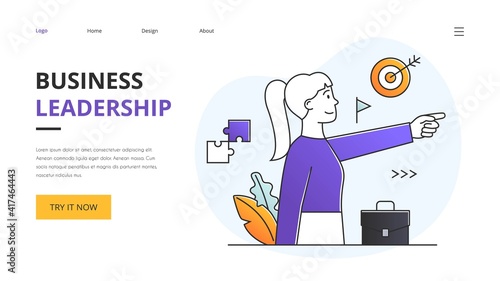 Leadership concept with ambitious successful businesswoman pointing ahead towards her target and copyspace in a website template, colored vector illustration