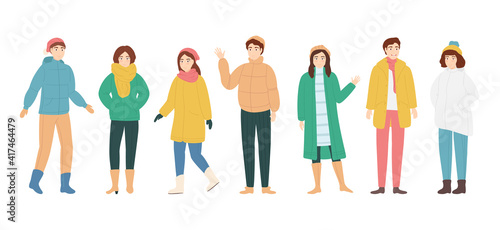 Cartoon Color Characters People Man and Woman in Winter Clothes Concept. Vector