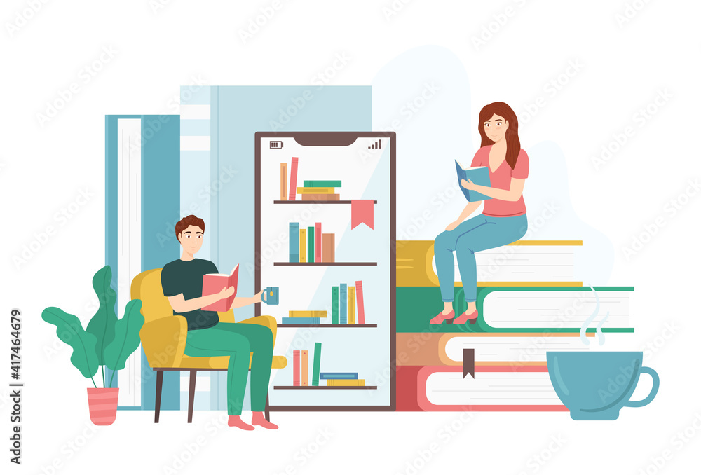 Cartoon Color Characters People and Online Library Concept. Vector Cartoon Color Characters People and Online Library Concept. Vector