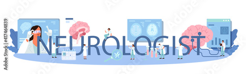 Neurologist typographic header. Doctor examine human brain