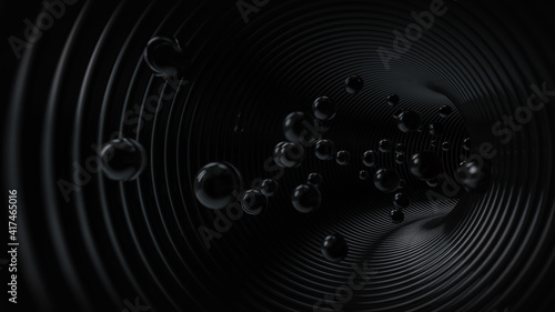Dark abstract background. Flow, transport concept. Dark tunnel with spheres. Three dimensional illustration, computer generated image, render.