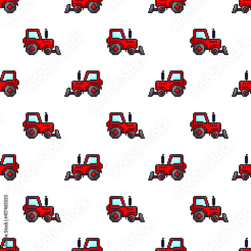 Beautiful little red pixel tractor with a bucket isolated on a white background. Cute seamless pattern. Side view. Vector flat graphic illustration. Texture.