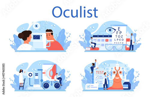 Oculist concept set. Idea of eye exam and treatment. Eyesight diagnosis