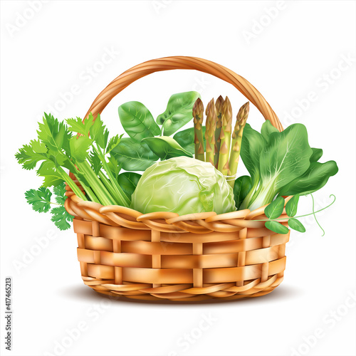 Basket with green spring vegetables and herbs isolated on white. Vector illustration.