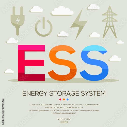 ESS mean (Energy Storage System) Energy acronyms ,letters and icons ,Vector illustration.
