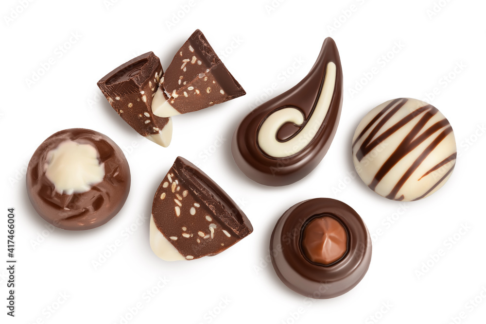 Chocolate candy isolated on white background with clipping path and full depth of field. Top view. Flat lay.