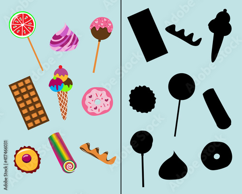 Sweets elements. Find the correct shadow. Educational matching game for children.