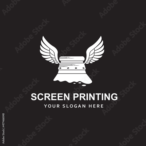 silk screen printing icon with squeegee and wings isolated on black background