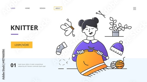 Small business, knitter or leisure and recreation concept with woman sitting knitting surrounded by clothing icons in a website template with text and copyspace, colored vector illustration photo