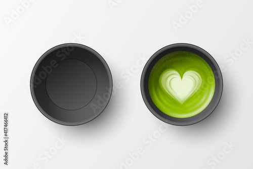Vector 3d Realistic Paper Black Disposable Cup Set Isolated on White Background. Green Milk Foam Matcha. Stock Vector Illustration. Heart Pattern. Design Template. Top View