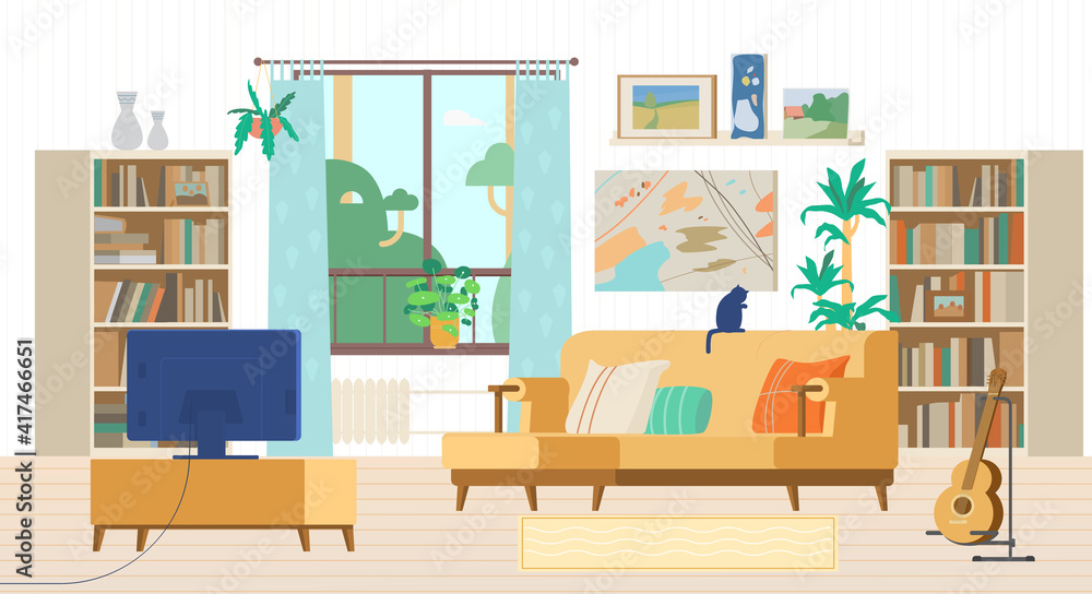 Cozy Living Room Interior Flat Vector Illustration. Couch With Pillows, Tv, Guitar, Bookcases, Paintings, Decoration Elements. Cozy Living Room Interior Flat Vector Illustration. Couch With Pillows, Tv, Guitar, Bookcases, Paintings, Decoration Elements.