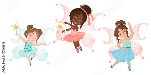 set of three girls fairies. Cute little fairies. Ballerinas in costumes of fairies with wings. A magical creature. Vector illustration isolated on white background.