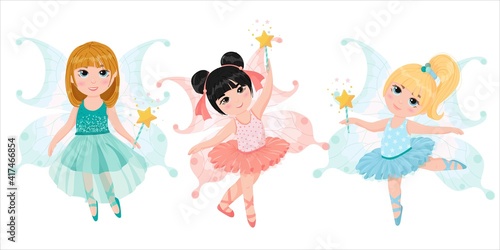 set of three girls fairies. Cute little fairies. Ballerinas in costumes of fairies with wings. A magical creature. Vector illustration isolated on white background.