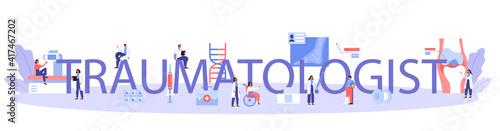 Traumatologist typographic header. Injured limb, broken bone