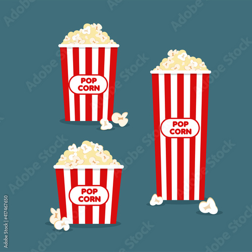Small, medium and large popcorn in classic striped red white cardboard box in cartoon style for cinema poster. Takeaway fast food in trendy flat style. Restaurant junk food menu. Vector Illustration.