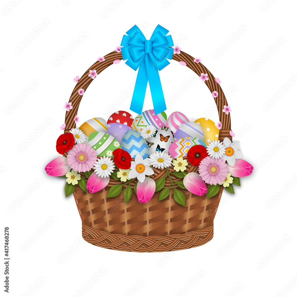 isolated basket with easter eggs and flowers isolated basket with easter eggs and flowers