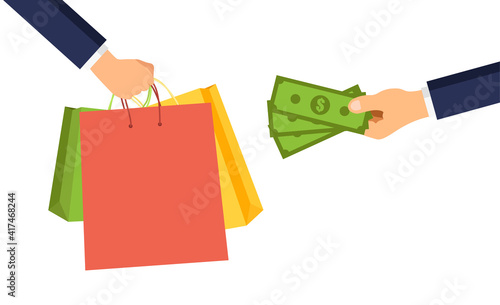 Hand holds paper shopping bags and money isolated on white background. Man pays for purchases in the store. Sale concept. Vector illustration.