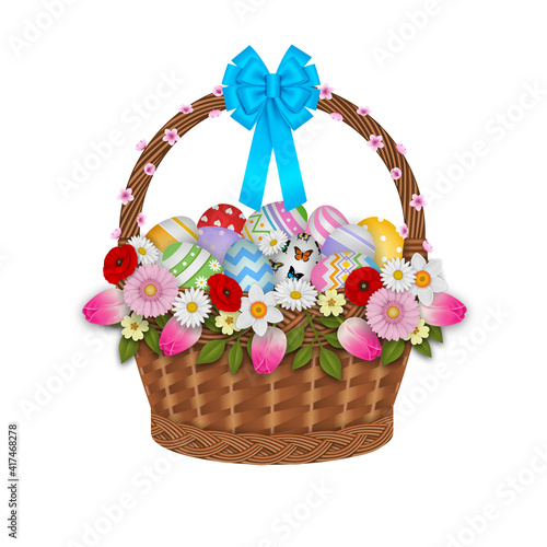 isolated basket with easter eggs and flowers 