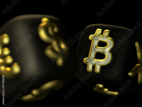 Digital 3D golden dices with cryptocurrency and fiat currency symbols Bitcoin and Dollar. Concept of fortune in crypto investing and stock exchange trading. Black background. Vector illustration