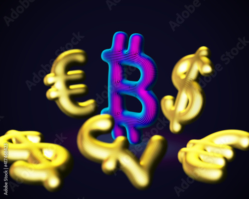 Digital 3D Bitcoin cryptocurrency logo surrounded by scattered golden fiat currencies signs on blue background. Concept of crypto investing and stock exchange trading. Vector illustration, EPS 10.
