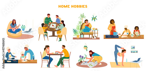 Vector Set Of Home Hobbies Illustrations. Leisure Activities At Home Playing Ukulele, Boardgames, Reading, Cooking, Playing Chess, Gardening, Doing Yoga. © Александра Гвардейце