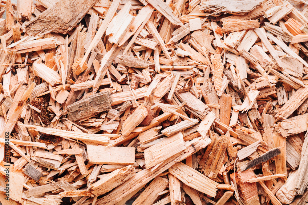 Small pile of wood chips background, top view. Waste from the woodworking industry, fuel and raw materials for heating solid fuel industrial boilers on wood chips Small pile of wood chips background, top view. Waste from the woodworking industry, fuel and raw materials for heating solid fuel industrial boilers on wood chips