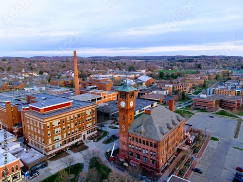 Aerial view of University of Wisconsin stout college campus buildings green area and walking paths photo