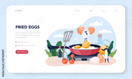 Tasty fried eggs for breakfast web banner or landing page. Scrambled egg