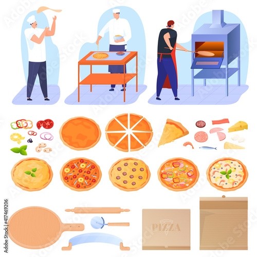 The kitchen cook prepares pizza. Italian cuisine. Delicious baked pizza. Colorful vector illustration in flat cartoon style.