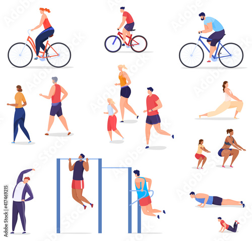 People are actively spending time. Playing sports in the park, jogging, cycling, sports grounds. Colorful vector illustration in flat cartoon style.