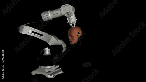 Fotografie 3D rendering of a metallic instrument holding a head of a dummy on a black backg