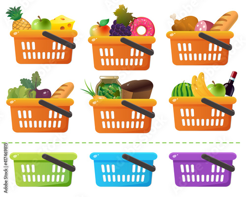 Color images of grocery basket or food basket with goods on a white background. Shop and purchases. Set of vector illustrations for children.