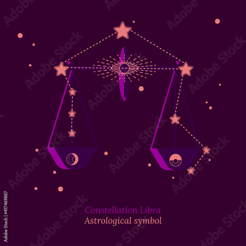 Abstract illustration of constellation Libra, connection of stars in sky, star map. Astrological symbol on dark purple background. Vector illustration for card tarot design, social groups.