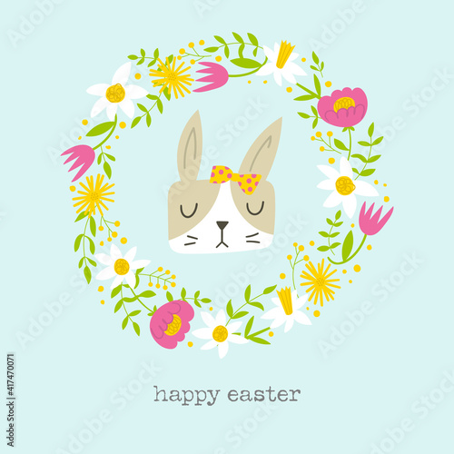 Easter bunny floral greeting card. Round wreath with leaves, tulips, peony, daisies and daffodils. Cute rabbit head. Modern elegant spring concept for poster or card.