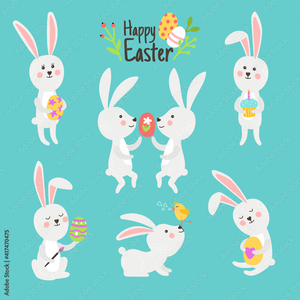 Happy easter bunnies with eggs. Cartoon cute rabbits celebrate day of spring, vector illustration of decoration elements of fun holiday isolated on cyan background Happy easter bunnies with eggs. Cartoon cute rabbits celebrate day of spring, vector illustration of decoration elements of fun holiday isolated on cyan background