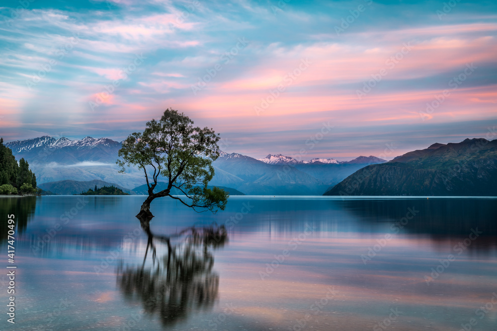 Ταπετσαρία Lake Wanaka tree classic shot during a bright and vibrant pink and blue sunrise