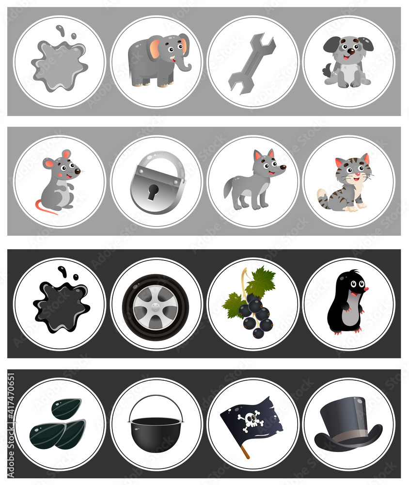 Grey and black color. Matching game, education game for children. Puzzle for kids. Match by color. Worksheet for preschoolers. Grey and black color. Matching game, education game for children. Puzzle for kids. Match by color. Worksheet for preschoolers.