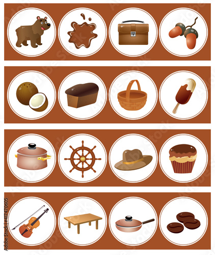 Brown color. Matching game, education game for children. Puzzle for kids. Match by color. Worksheet for preschoolers.