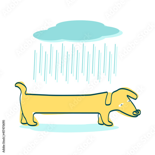lonely sad homeless dachshund dog in the rain, line art vector illustration of yellow dog in childish style