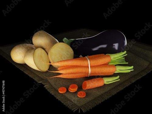 potatoes and carrots on fabric