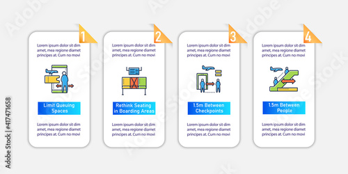 Airport new normal vector infographics. Safe flight rules template design elements. Health care presentation with 4 steps. Protection against covid19 layout, info chart, banner