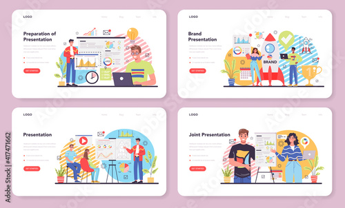 Business presentation web banner or landing page set. Businesspeople in front