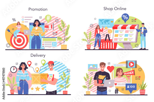 Online business advertsing concept set. Commercial advertisement